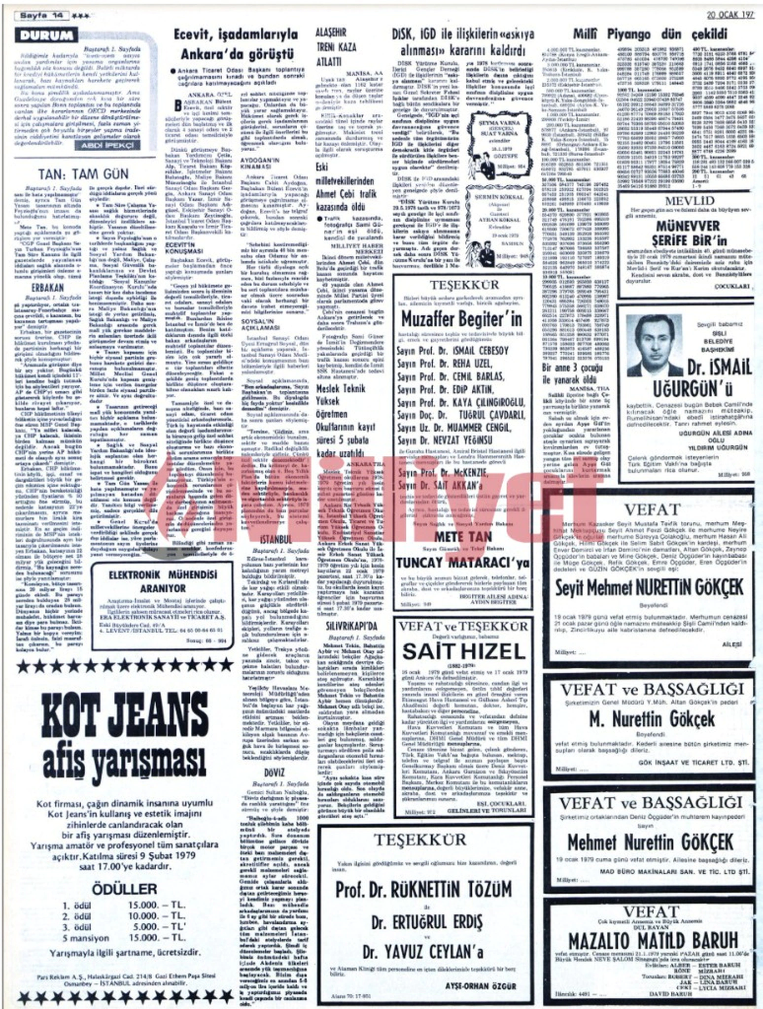 Milliyet gazetesi, 20 Ocak 1979 — Ahmet Çebi haberi bulunan sayfa